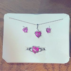 Beautiful .925 Sterling Silver Ruby Heart Earrings/Necklace/Ring Set